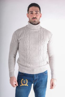 maglione uomo lana collo alto beige sabbia made in italy