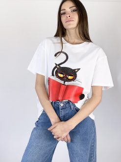 T-shirt Donna Bianca Maniche Corte con Stampa Gatto