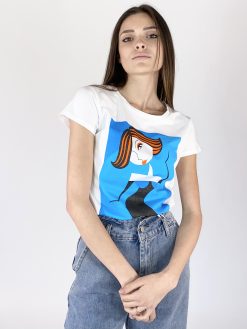 T-shirt Donna Bianca Maniche Corte con Stampa Donna e Brillantini - Made in Italy