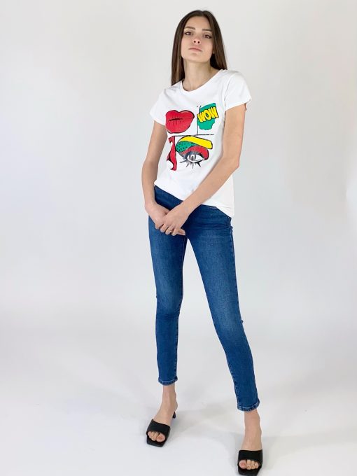 T-shirt Donna Bianca Con Stampa Smile e Cartoon