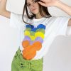 T-shirt Donna Bianca Maniche Corte con Stampa Multicolor e Strass